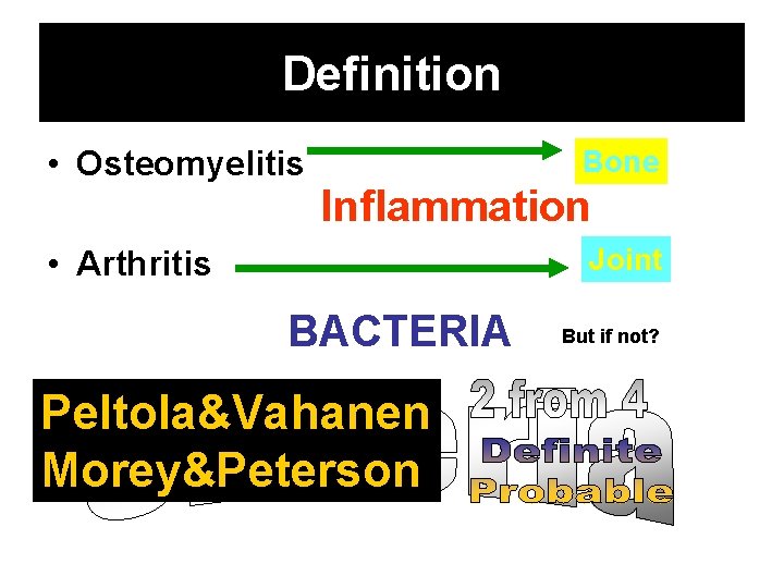 Definition • Osteomyelitis Bone Inflammation Joint • Arthritis BACTERIA Peltola&Vahanen Morey&Peterson But if not?