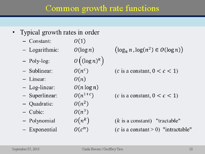Common growth rate functions • September 07, 2018 Cinda Heeren / Geoffrey Tien 10