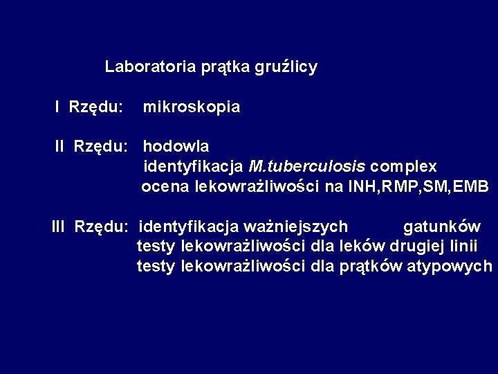 Laboratoria prątka gruźlicy I Rzędu: mikroskopia II Rzędu: hodowla identyfikacja M. tuberculosis complex ocena