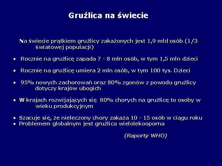 Gruźlica na świecie Na świecie prątkiem gruźlicy zakażonych jest 1, 9 mld osób (1/3