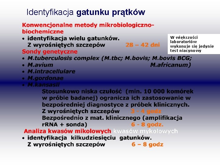 Identyfikacja gatunku prątków W większości laboratoriów wykonuje się jedynie test niacynowy 