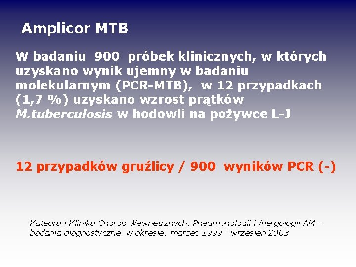 Amplicor MTB W badaniu 900 próbek klinicznych, w których uzyskano wynik ujemny w badaniu