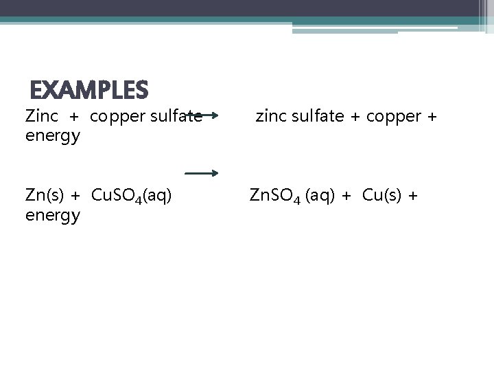 EXAMPLES Zinc + copper sulfate energy Zn(s) + Cu. SO 4(aq) energy zinc sulfate