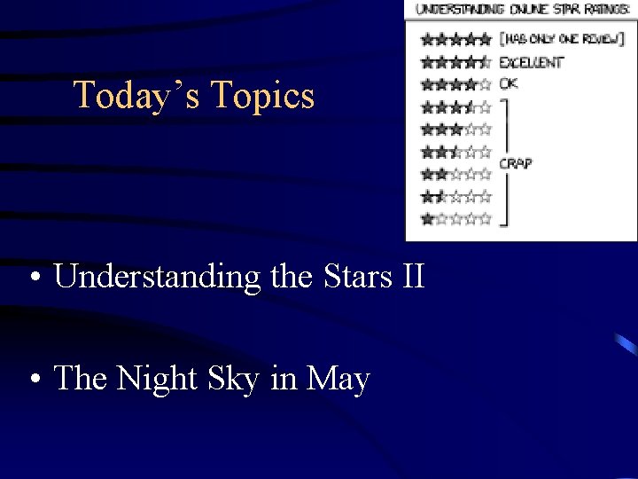 Today’s Topics • Understanding the Stars II • The Night Sky in May 