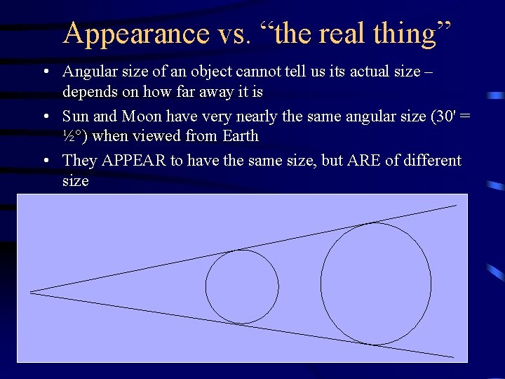 Appearance vs. “the real thing” • Angular size of an object cannot tell us