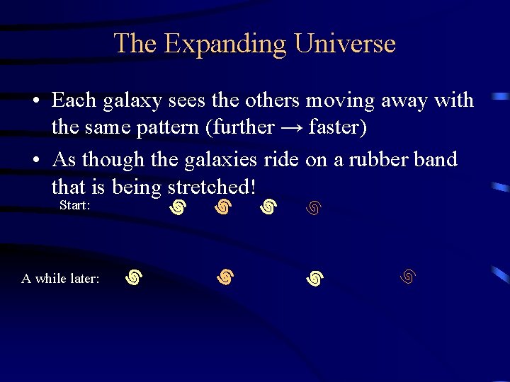 The Expanding Universe • Each galaxy sees the others moving away with the same