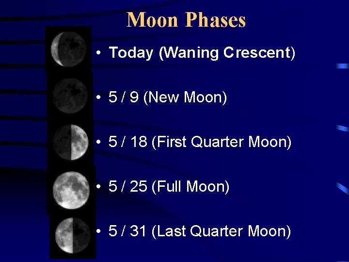 Moon Phases • Today (Waning Crescent) • 5 / 9 (New Moon) • 5