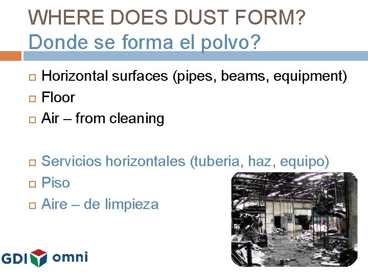 WHERE DOES DUST FORM? Donde se forma el polvo? Horizontal surfaces (pipes, beams, equipment)