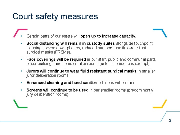 Court safety measures • Certain parts of our estate will open up to increase