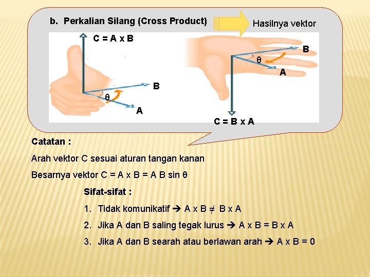 b. Perkalian Silang (Cross Product) Hasilnya vektor C=Ax. B B θ A C=Bx. A