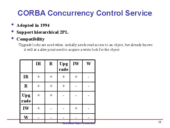 CORBA Concurrency Control Service i Adopted in 1994 i Support hierarchical 2 PL i