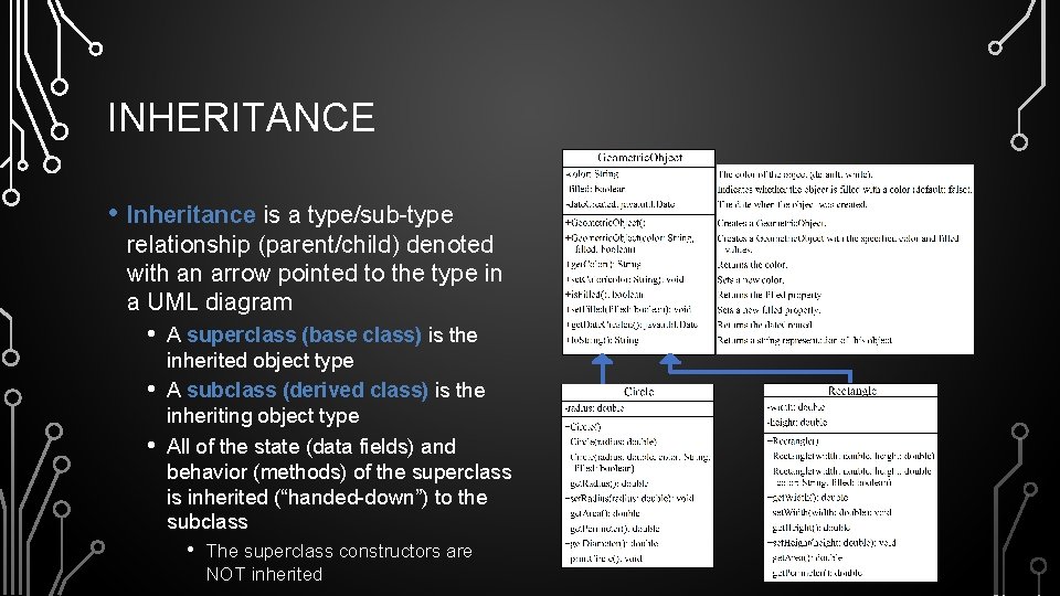 INHERITANCE • Inheritance is a type/sub-type relationship (parent/child) denoted with an arrow pointed to