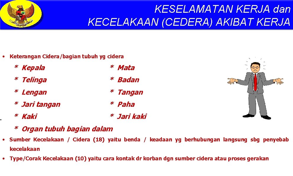 - KESELAMATAN KERJA dan KECELAKAAN (CEDERA) AKIBAT KERJA • Keterangan Cidera/bagian tubuh yg cidera