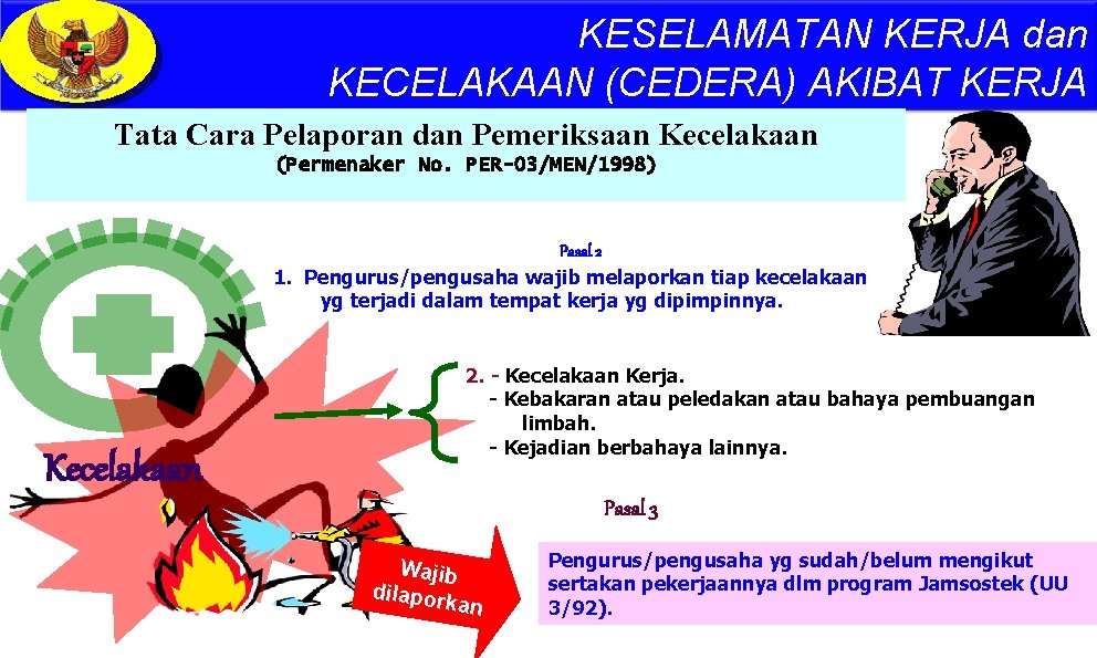 KESELAMATAN KERJA dan KECELAKAAN (CEDERA) AKIBAT KERJA Tata Cara Pelaporan dan Pemeriksaan Kecelakaan (Permenaker