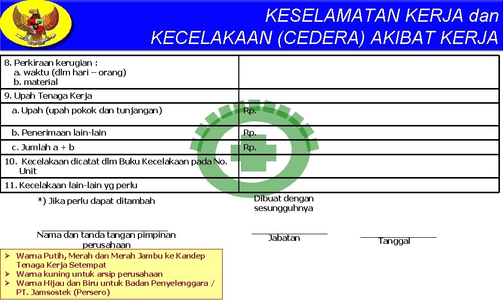 KESELAMATAN KERJA dan KECELAKAAN (CEDERA) AKIBAT KERJA 8. Perkiraan kerugian : a. waktu (dlm