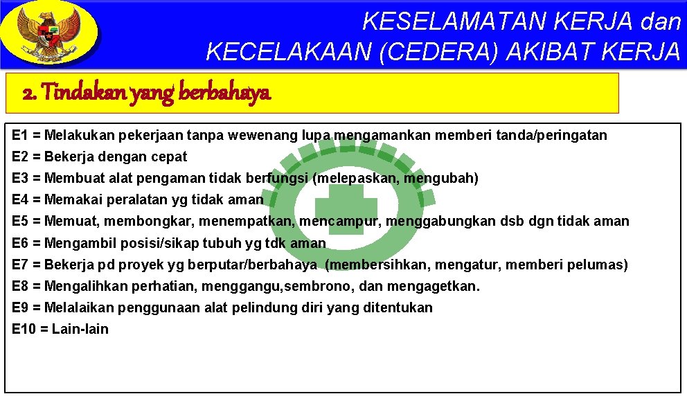 KESELAMATAN KERJA dan KECELAKAAN (CEDERA) AKIBAT KERJA 2. Tindakan yang berbahaya E 1 =