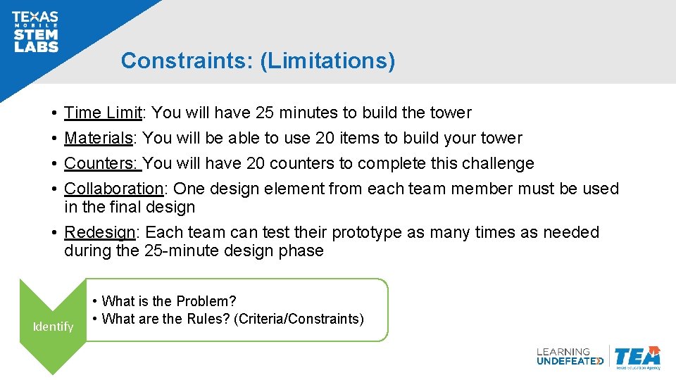 Constraints: (Limitations) • • Time Limit: You will have 25 minutes to build the