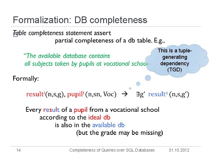 Formalization: DB completeness � This is a tuplegenerating dependency (TGD) 14 Completeness of Queries