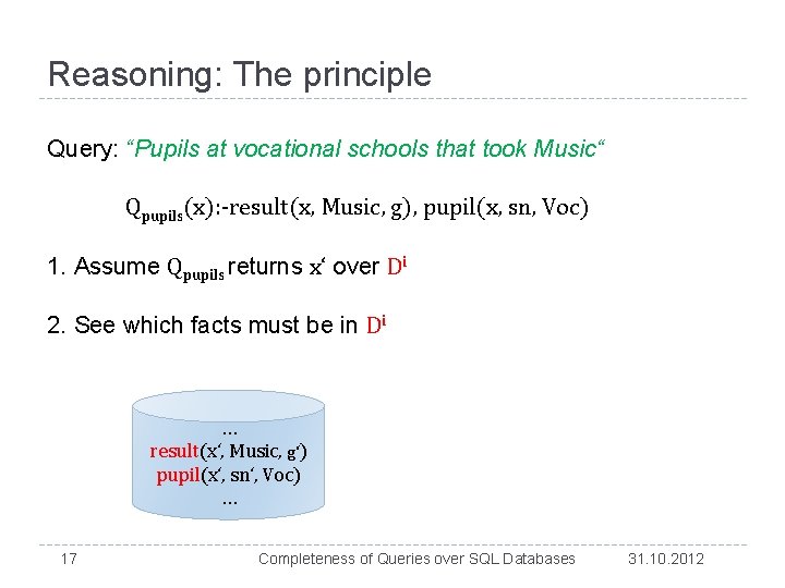 Reasoning: The principle Query: “Pupils at vocational schools that took Music“ Qpupils(x): -result(x, Music,