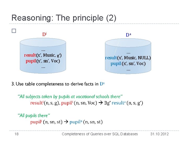 Reasoning: The principle (2) � Di … result(x‘, Music, g‘) pupil(x‘, sn‘, Voc) …