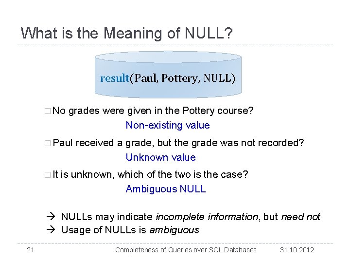 What is the Meaning of NULL? result(Paul, Pottery, NULL) � No grades were given