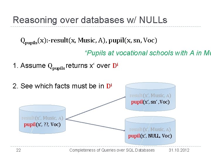 Reasoning over databases w/ NULLs Qpupils(x): -result(x, Music, A), pupil(x, sn, Voc) “Pupils at