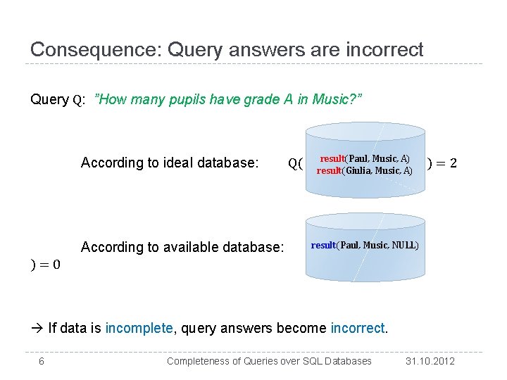 Consequence: Query answers are incorrect Query Q: ”How many pupils have grade A in