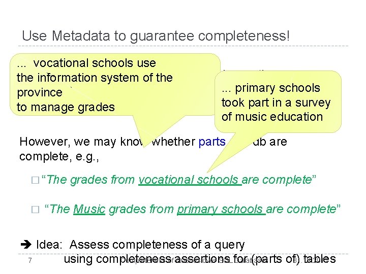 Use Metadata to guarantee completeness!. . . vocational schools use Completeness cannot be checked