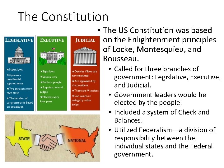 The Constitution • The US Constitution was based on the Enlightenment principles of Locke,