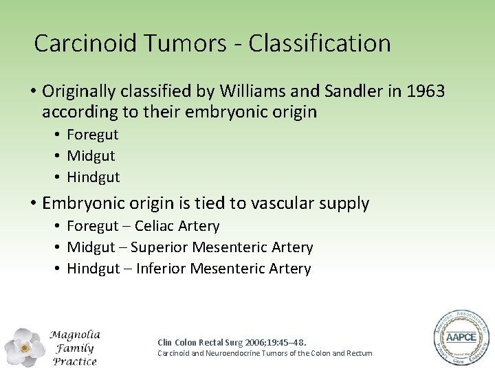 Carcinoid Tumors - Classification • Originally classified by Williams and Sandler in 1963 according