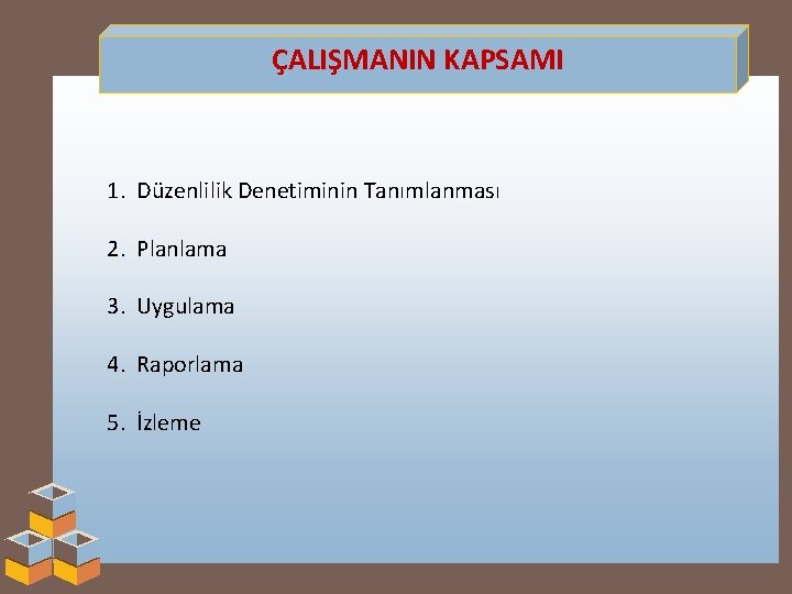 ÇALIŞMANIN KAPSAMI 1. Düzenlilik Denetiminin Tanımlanması 2. Planlama 3. Uygulama 4. Raporlama 5. İzleme