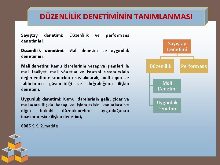 DÜZENLİLİK DENETİMİNİN TANIMLANMASI Sayıştay denetimi: denetimini, Düzenlilik ve performans Düzenlilik denetimi: Mali denetim ve