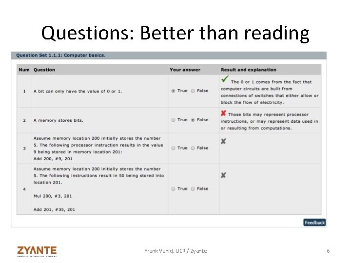 Questions: Better than reading Frank Vahid, UCR / Zyante 6 
