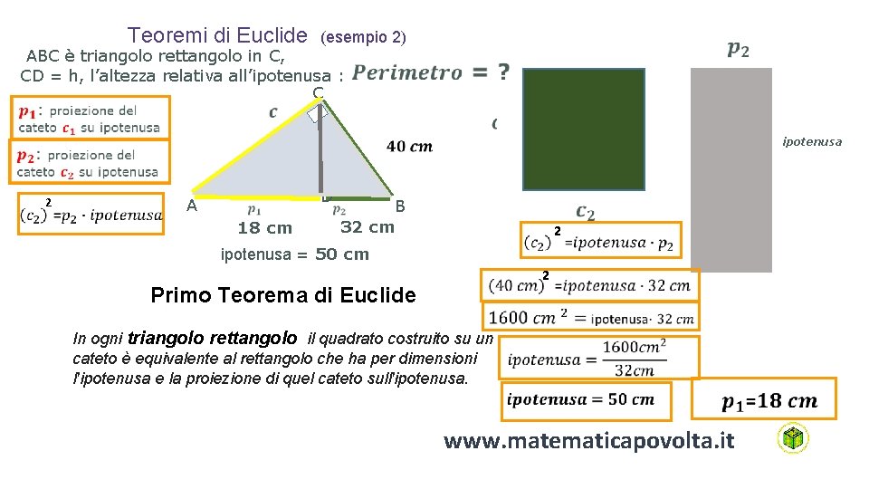 Teoremi di Euclide (esempio 2) ABC è triangolo rettangolo in C, CD = h,