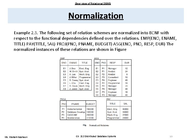 Over view of Relational DBMS Normalization Example 2. 3. The following set of relation