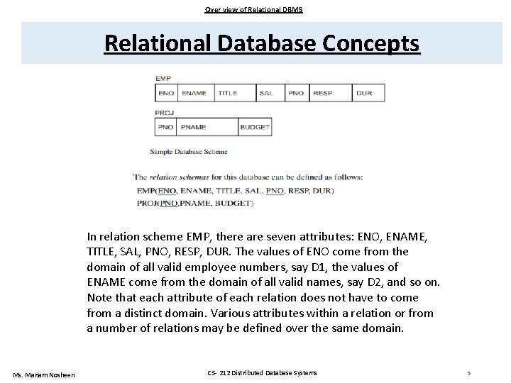 Over view of Relational DBMS Relational Database Concepts In relation scheme EMP, there are