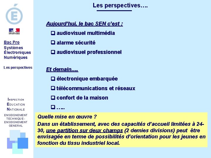 Les perspectives…. Aujourd’hui, le bac SEN c’est : audiovisuel multimédia Bac Pro Systèmes Électroniques