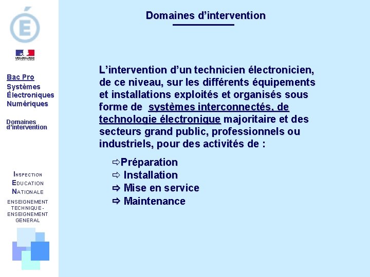 Domaines d’intervention Bac Pro Systèmes Électroniques Numériques Domaines d’intervention INSPECTION EDUCATION NATIONALE ENSEIGNEMENT TECHNIQUE