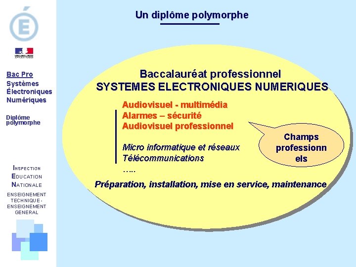 Un diplôme polymorphe Bac Pro Systèmes Électroniques Numériques Diplôme polymorphe INSPECTION EDUCATION NATIONALE ENSEIGNEMENT