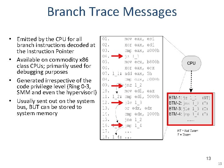 Branch Trace Messages • Emitted by the CPU for all branch instructions decoded at