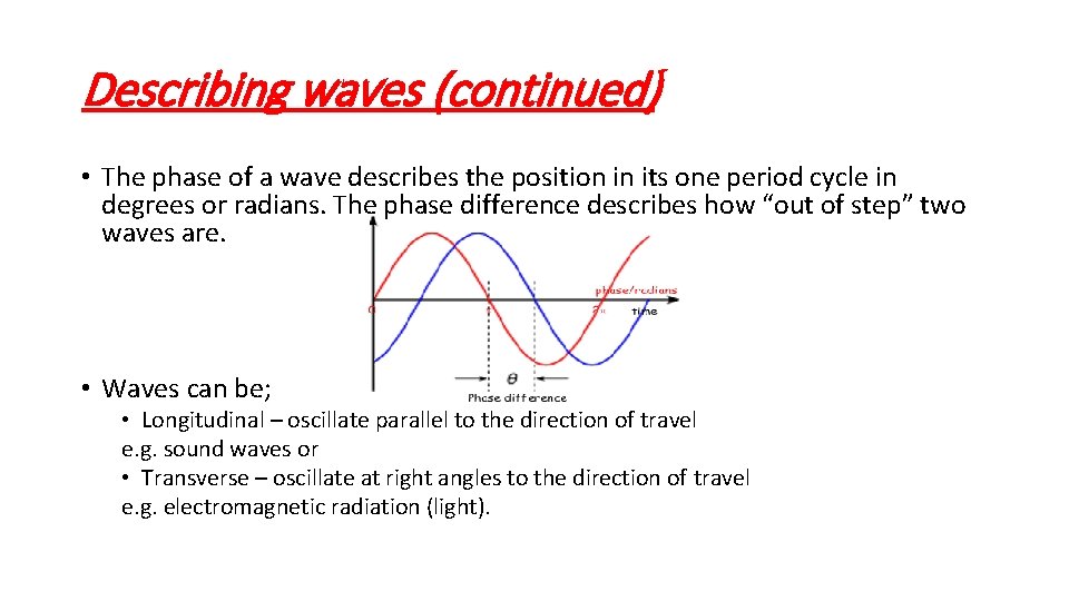 Describing waves (continued) • The phase of a wave describes the position in its