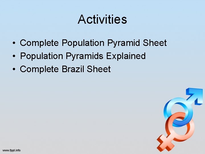 Activities • Complete Population Pyramid Sheet • Population Pyramids Explained • Complete Brazil Sheet Activities • Complete Population Pyramid Sheet • Population Pyramids Explained • Complete Brazil Sheet