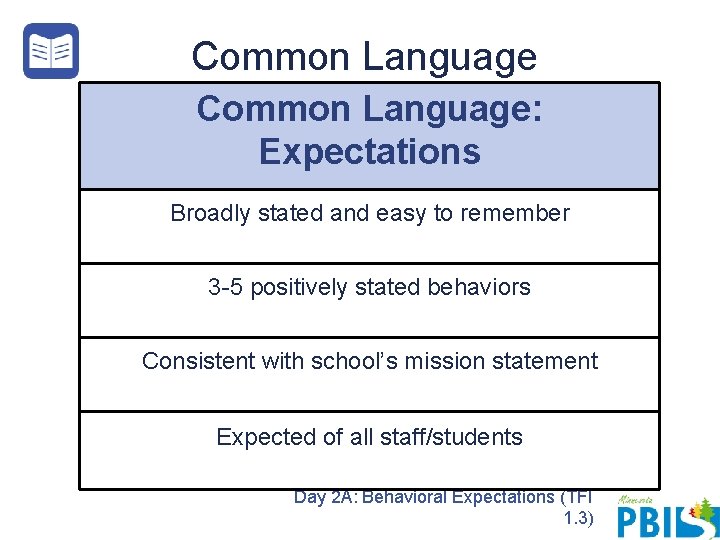 Common Language: Expectations Broadly stated and easy to remember 3 -5 positively stated behaviors