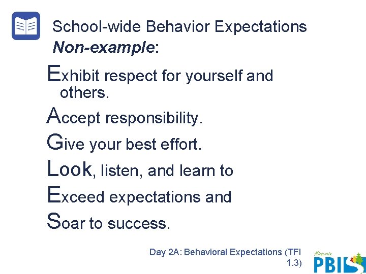 School-wide Behavior Expectations Non-example: Exhibit respect for yourself and others. Accept responsibility. Give your