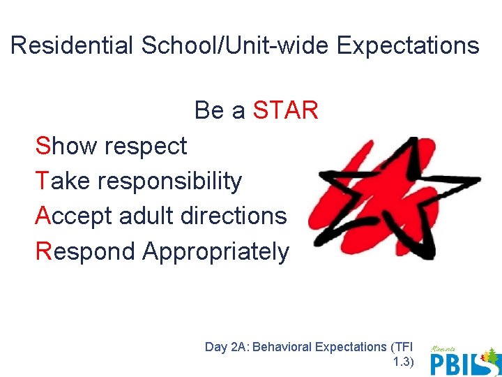 Residential School/Unit-wide Expectations Be a STAR Show respect Take responsibility Accept adult directions Respond