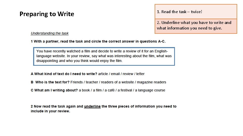 Preparing to Write 1. Read the task – twice! 2. Underline what you have