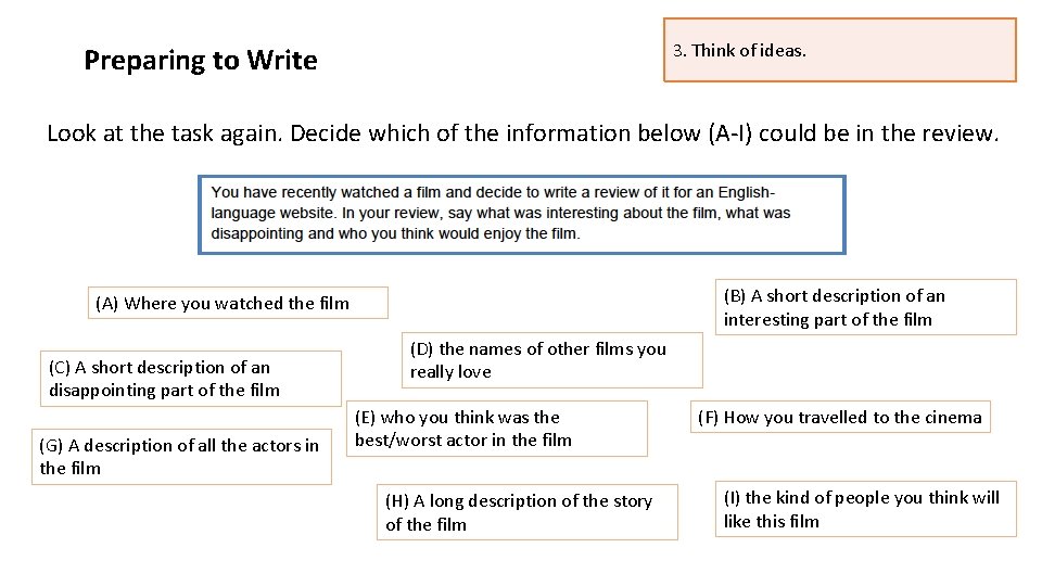 3. Think of ideas. Preparing to Write Look at the task again. Decide which