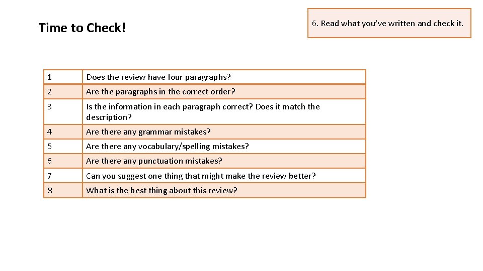 Time to Check! 6. Read what you’ve written and check it. 1 Does the