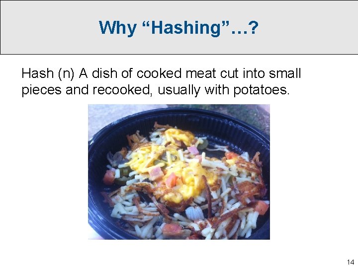 Why “Hashing”…? Hash (n) A dish of cooked meat cut into small pieces and