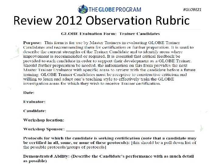 #GLOBE 21 Review 2012 Observation Rubric 